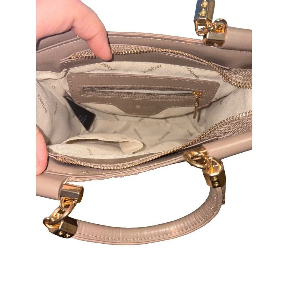 Bebe Nola Satchel‎ Taupe Gold Zipper Classy Handbag Cocktail Party
